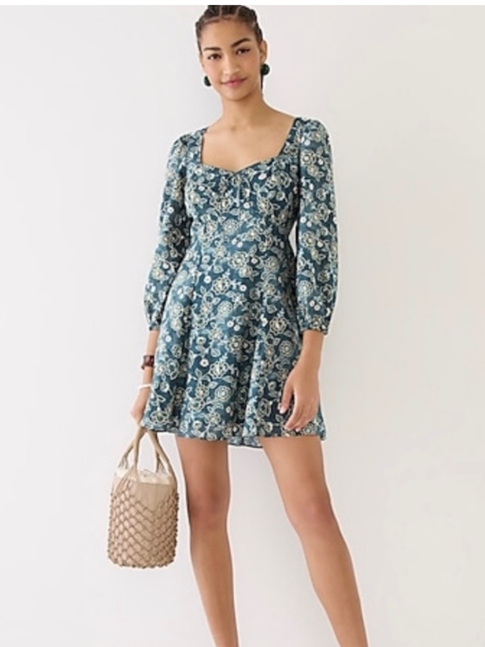 Jcrew Hunter Green Floral sweetheart-Neck Mini Dress